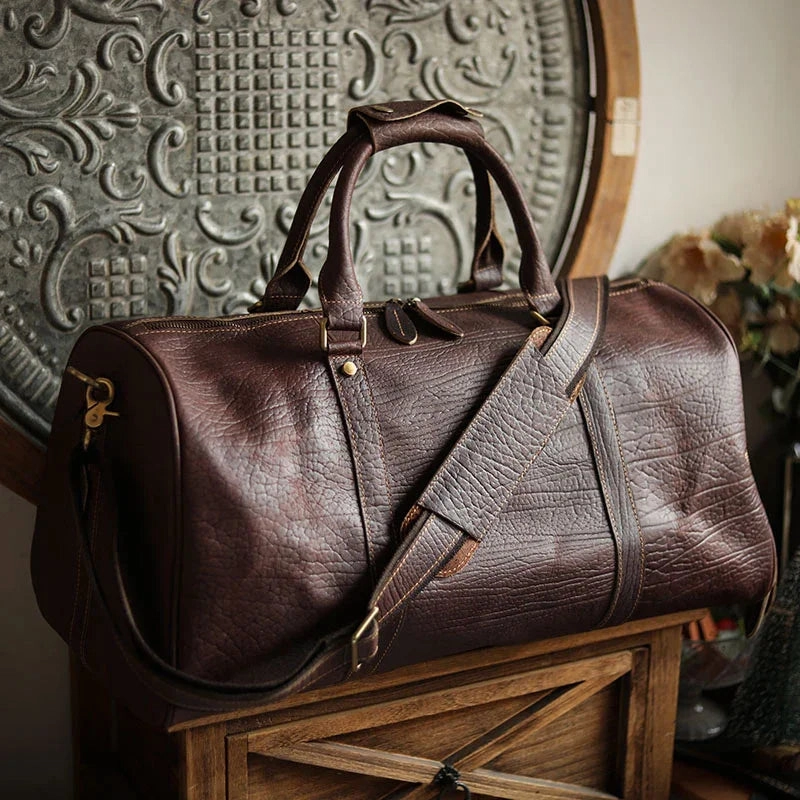 Men??s Full Grain Leather Travel Duffel, Large Crazy Horse Leather Carry-On Bag for Business, Leather Weekender, Camping & Short Trips Mesh Divider
