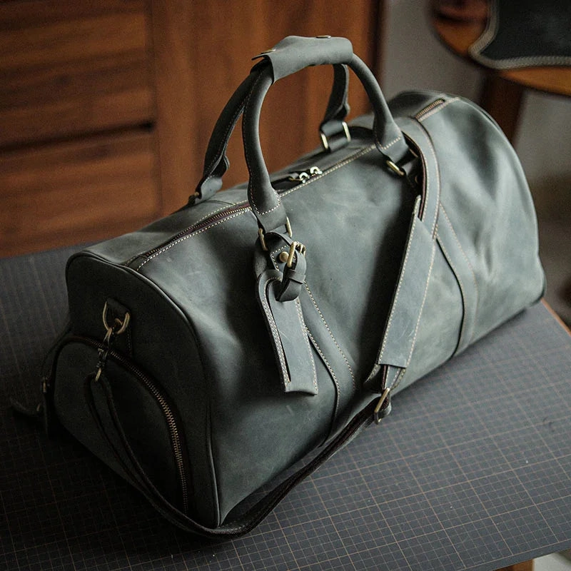Convenient Travel Pockets Top Handle Men??s Full Grain Leather Travel Duffel, Large Crazy Horse Leather Carry-On Bag for Business, Leather Weekender, Camping & Short Trips