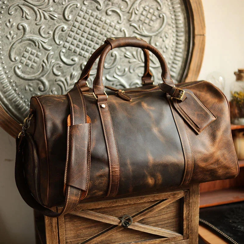 Men??s Full Grain Leather Travel Duffel, Large Crazy Horse Leather Carry-On Bag for Business, Leather Weekender, Camping & Short Trips Waterproof gear Soft Texture