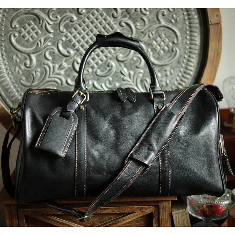 Extra Padding Large Capacity Men??s Full Grain Leather Travel Duffel, Large Crazy Horse Leather Carry-On Bag for Business, Leather Weekender, Camping & Short Trips