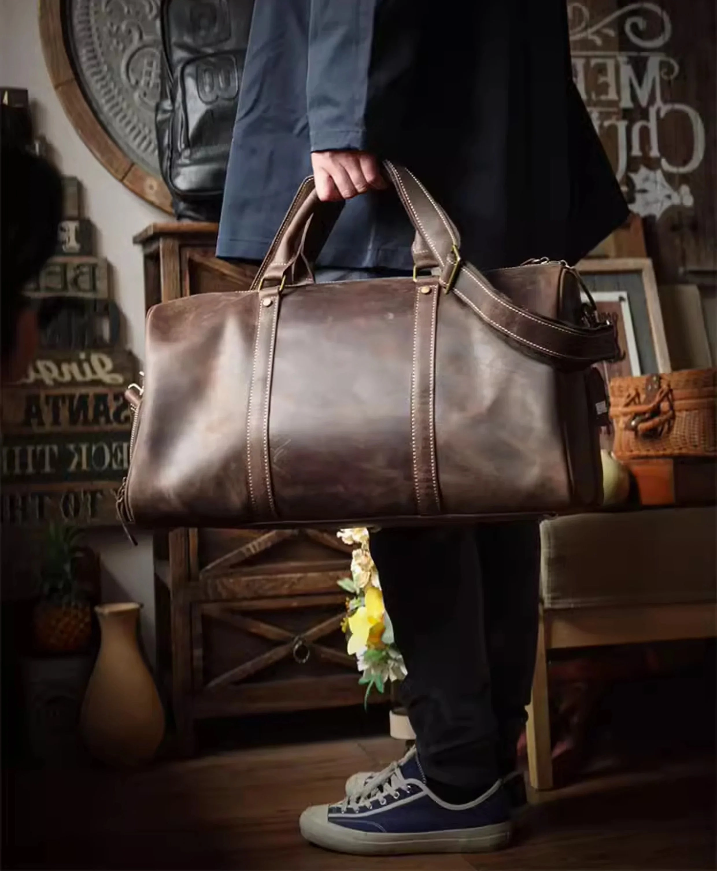 Men??s Full Grain Leather Travel Duffel, Large Crazy Horse Leather Carry-On Bag for Business, Leather Weekender, Camping & Short Trips Functional Design Wheeled Base