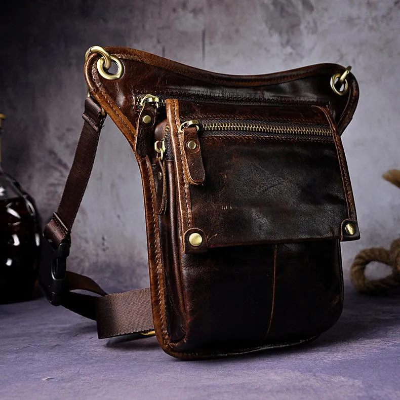 Refined Finish Mens Leather Biker Drop Leg Bag Waist Bag Belt Pouch Pack Side Bag for Men