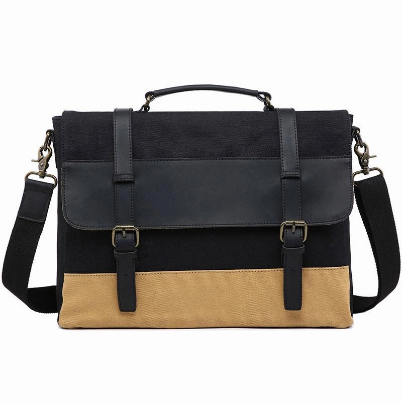 Luxury Daily Mens Canvas Leather Briefcase Handbag Work Bag Business Bag for Men