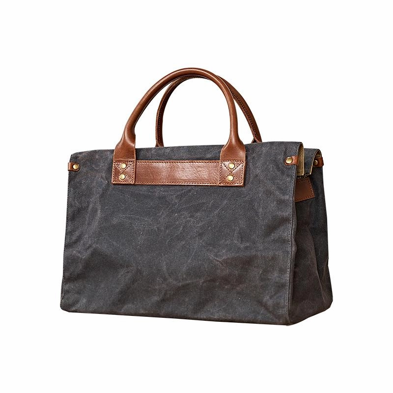 Travel Function Mens Green Canvas Leather 14inch Black Briefcase Handbag Work Bag Business Side Bag for Men