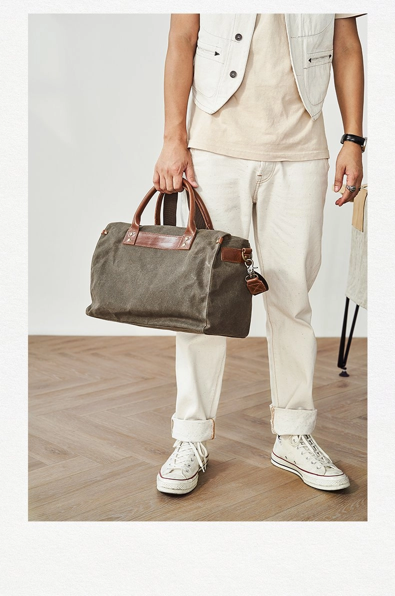 Everyday Comfort Fine Craft Mens Green Canvas Leather 14inch Black Briefcase Handbag Work Bag Business Side Bag for Men