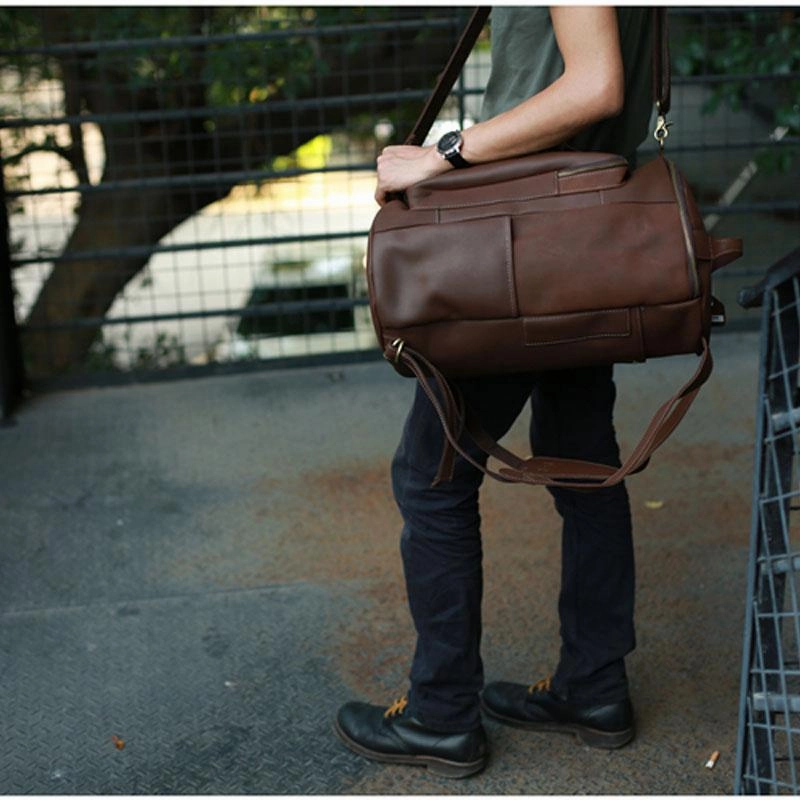 Everyday Essential Mens Leather Barrel Backpack Cool Travel Bag Weekender Bag for men