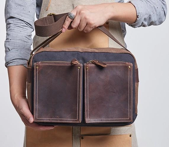 Stylish Edge Mens Leather Canvas Gray Cool Messenger Bag Side Bag Shoulder Bag for Men