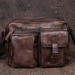 Mens Vintage Leather Messenger Bag Coffee Side Shoulder Bag Courier Bag Postman Bag for Men Casual Functionality