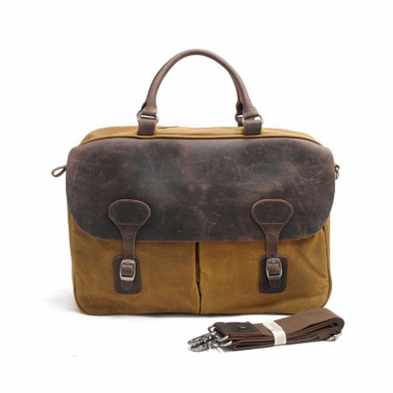 Work Meeting Mens Waxed Canvas Leather Briefcase Handbag Laptop Bag Business Bag for Men