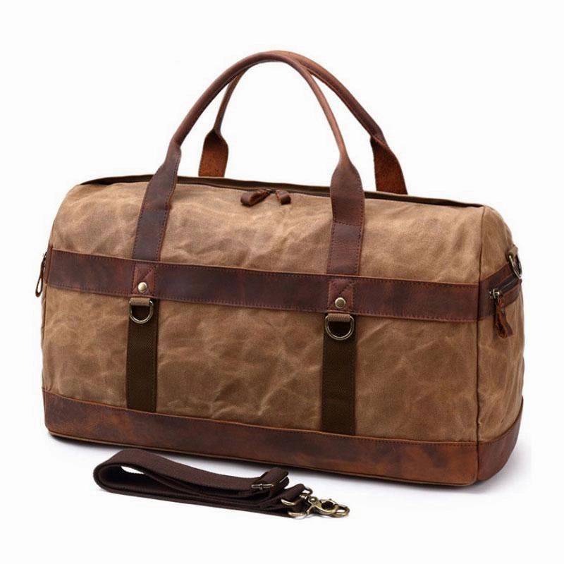 Group travel Mens Waxed Canvas Leather Weekender Bag Canvas Large Travel Bag for Men