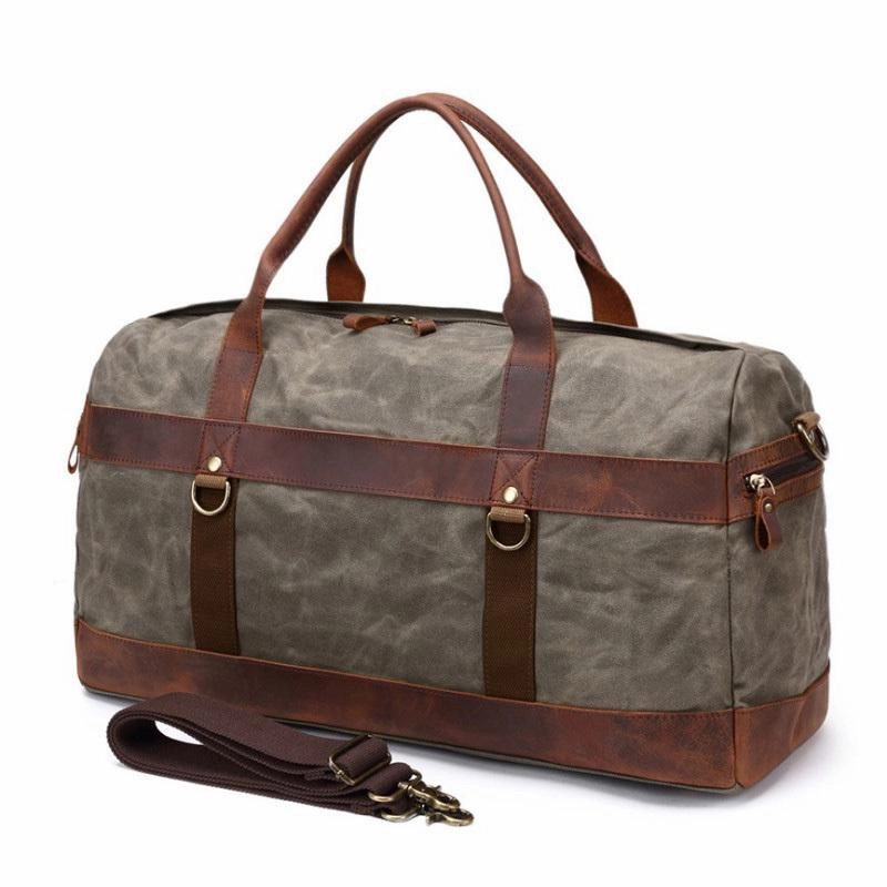 Rain Safe Fishing Trip Mens Waxed Canvas Leather Weekender Bag Canvas Large Travel Bag for Men