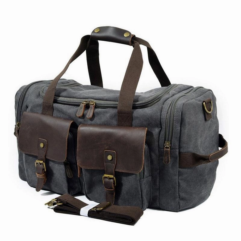 Mens Waxed Canvas Leather Weekender Bag Canvas Travel Bags for Men Compact Shell Secure Carry