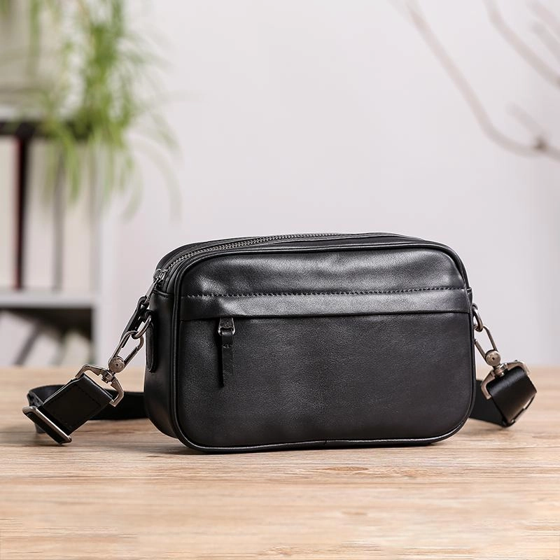 Effortless Chic Everyday Essential MIni Black Leather MENS Side Bag Black Small Leather Messenger Bag Courier Bag For Men