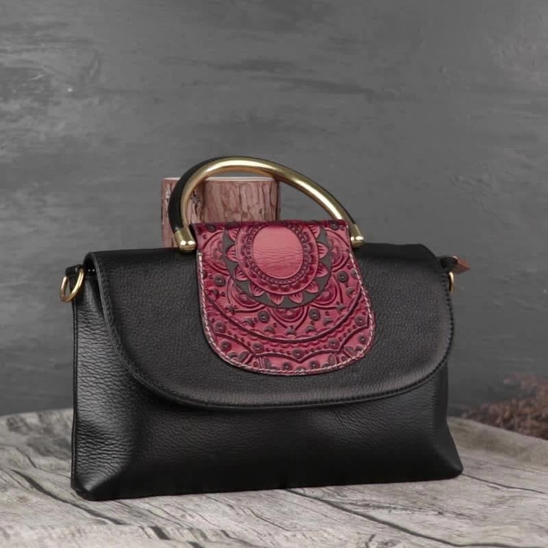 Sleek Shape Sustainable Material Vintage Full Grain Leather Flower Handbag, Retro Boho Chic Women's Handbag, Fashionable Small Bags, Special Gift For Her