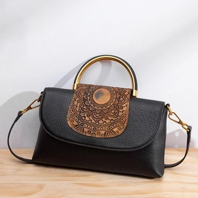 Effortless Chic Vintage Full Grain Leather Flower Handbag, Retro Boho Chic Women's Handbag, Fashionable Small Bags, Special Gift For Her