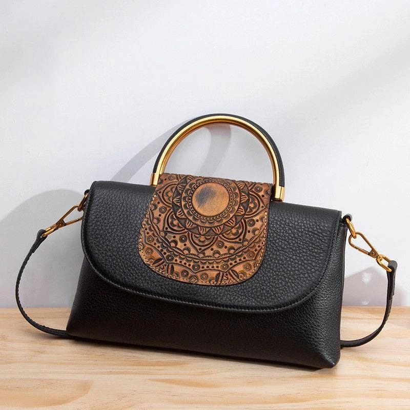 Effortless Chic Vintage Full Grain Leather Flower Handbag, Retro Boho Chic Women's Handbag, Fashionable Small Bags, Special Gift For Her