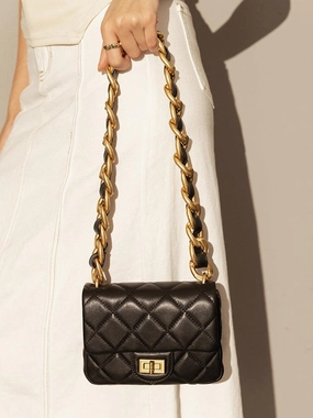 Trendy Lookbook Chic Detail Genuine Leather Flap Shoulder Bag | Classic Lambskin Leather Bag | DIAMONDS Quilted Designer Bag, Gold Chain Strap Lock Bag, Christmas Gift