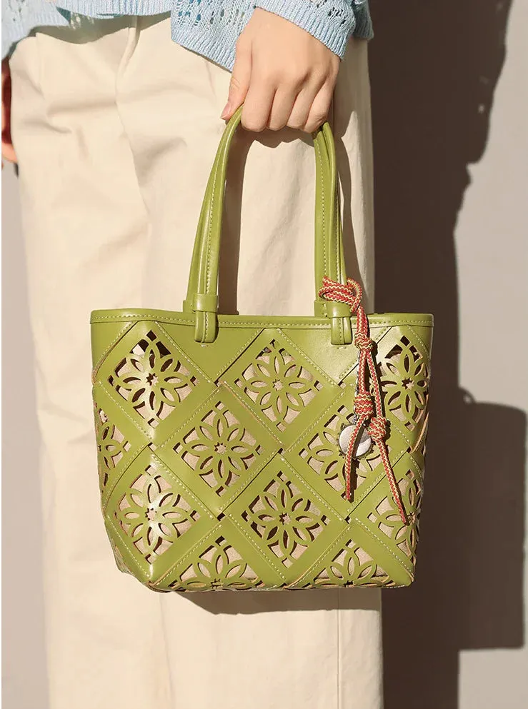 Comfy Everyday Daily Outfit Summer Handmade Leather Tote Bag, Hollow Carved Basket Shoulder Bag, Designer Cowhide Handbag for Wome