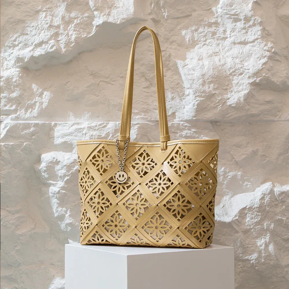 Functional Design Summer Handmade Leather Tote Bag, Hollow Carved Basket Shoulder Bag, Designer Cowhide Handbag for Wome
