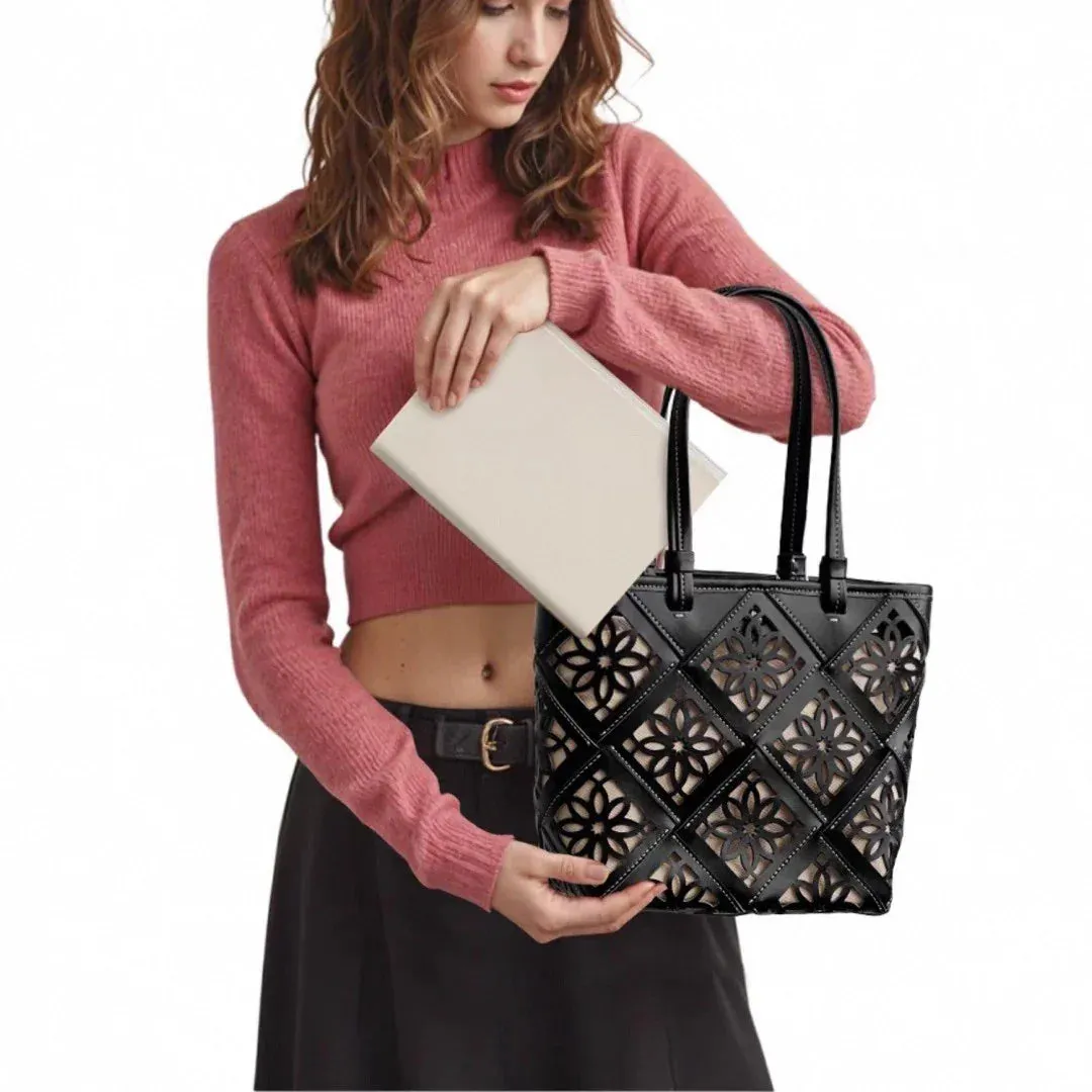 Summer Handmade Leather Tote Bag, Hollow Carved Basket Shoulder Bag, Designer Cowhide Handbag for Wome weekend use