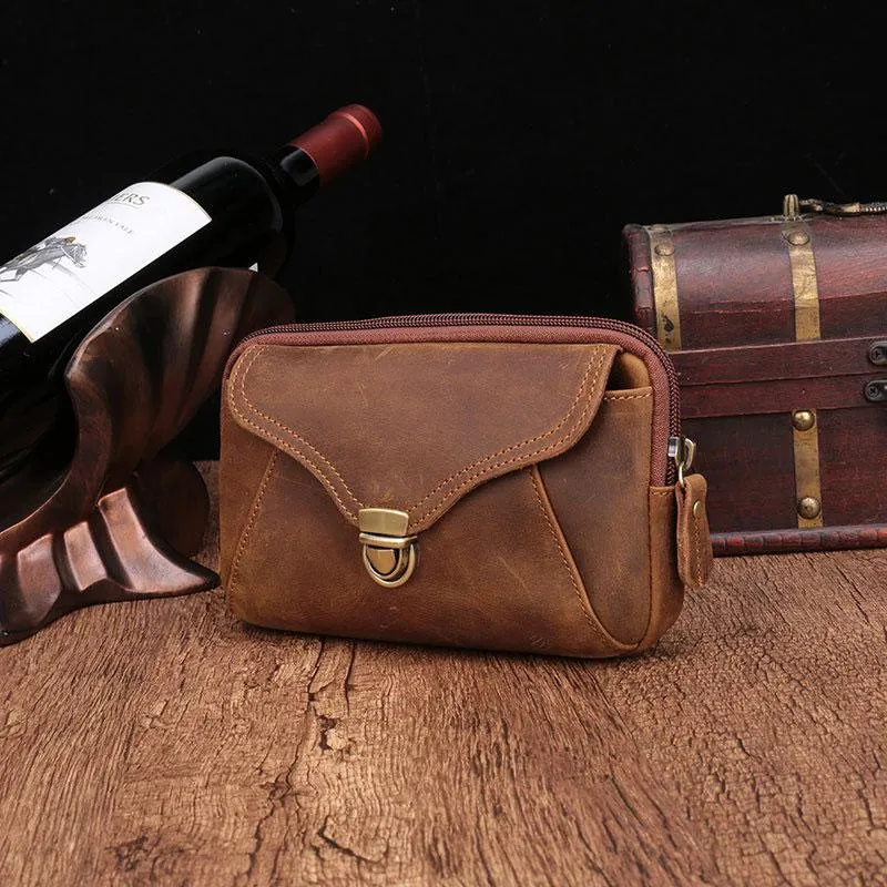 Durable Style Luxury Innovation Cool Brown Mens Leather Belt Bag Belt Pouch Cell Phone Holster Waist Bags For Men