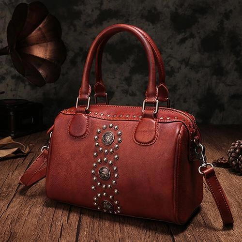 Vacation Gear Vintage Red Ladies Leather Rivet Boston Handbag Purse Brown Shoulder Handbag for Women