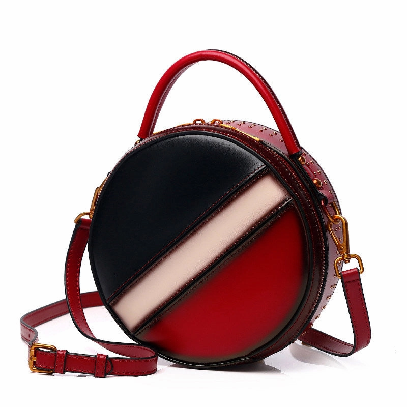 Womens Red Leather Round Handbag CONTRAST COLOR Crossbody Purse Red Round Shoulder Bag for Women Minimalist leather bag