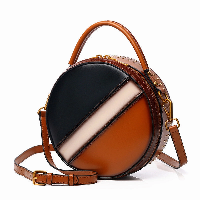 Music Festival Slow Fashion Womens Red Leather Round Handbag CONTRAST COLOR Crossbody Purse Red Round Shoulder Bag for Women