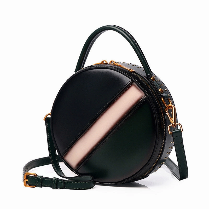 Customizable Options Womens Red Leather Round Handbag CONTRAST COLOR Crossbody Purse Red Round Shoulder Bag for Women