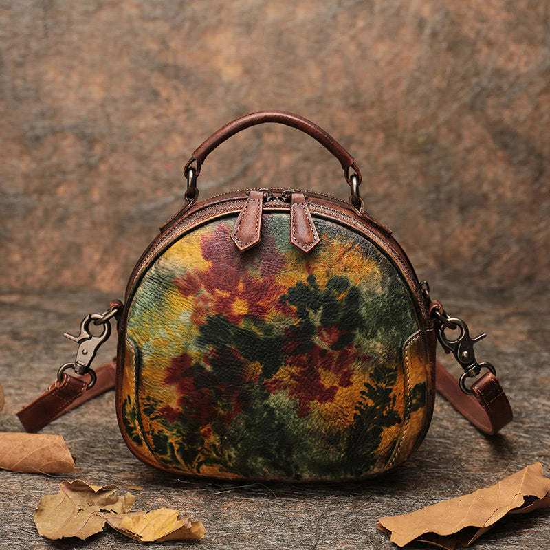 Womens Mix Brown Leather Round Handbag Purses Vintage Handmade Round Shoulder Bag Crossbody Handbag for Women Classic Spirit
