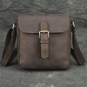 Badass Dark Brown Leather Men's 8 inches Small Side Bag Vertical Postman Messenger Bag For Men Modern Adventure Workday Essential