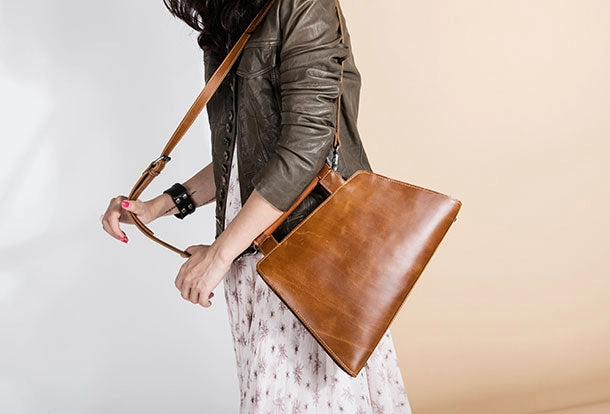 Office Look Genuine Leather Handmade Wooden Handbag Bag Shoulder Bag Purse For Women