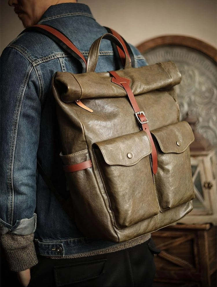 Outdoor Sport Men??s Full Grain Leather Roll Top Backpack, Handcrafted Vintage Italian Cowhide Laptop, Travel, and Work Bag