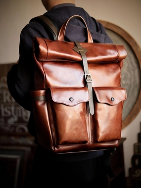 Travel Lifestyle Practical Comfort Men??s Full Grain Leather Roll Top Backpack, Handcrafted Vintage Italian Cowhide Laptop, Travel, and Work Bag