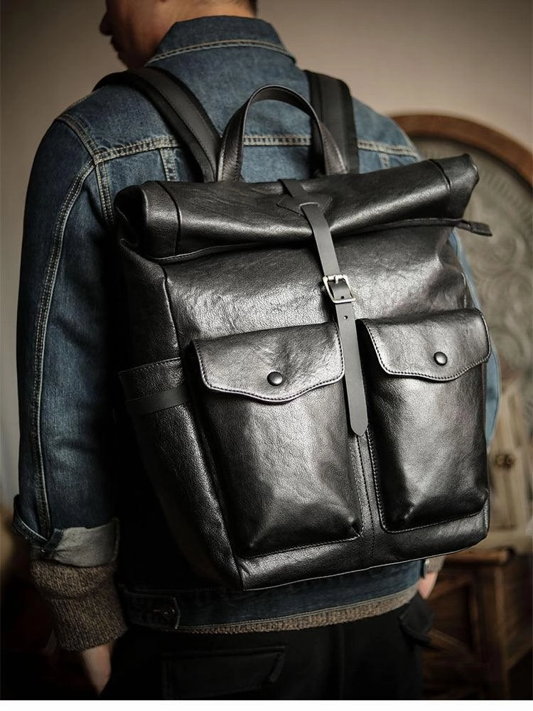 Men??s Full Grain Leather Roll Top Backpack, Handcrafted Vintage Italian Cowhide Laptop, Travel, and Work Bag Smart Design school supply
