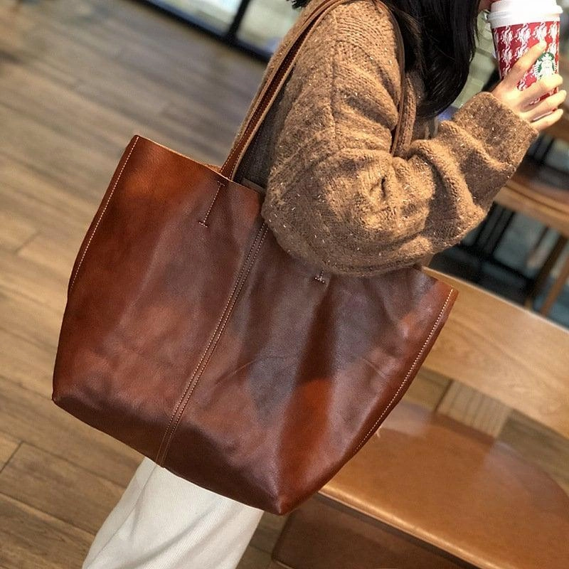 Simple Aesthetic Minimalist Leather Tote Bag Casual Distressed Leather Bag Large Shopper Bag Leather Diaper Bag Slouchy Tote Shoulder Bag Christmas Gift