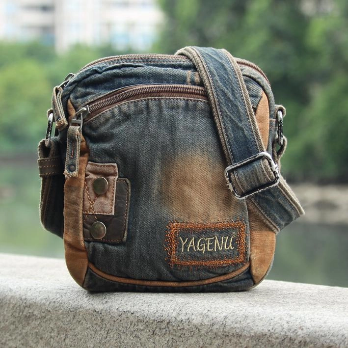 Denim Blue Mens Postman Bag Casual Small Vertical Messenger Bag Jean Courier Bag For Men Comfort handle Functional Form