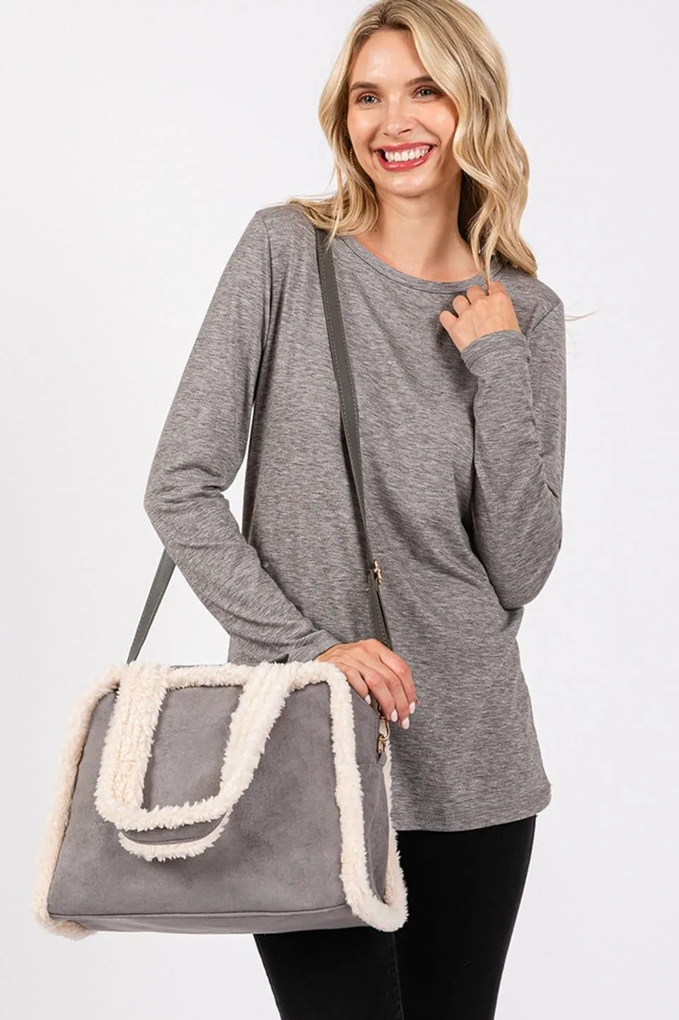 Comfortable for all-day wear with an adjustable strap MB0260 Fleece Trimmed Tote/Crossbody Bag