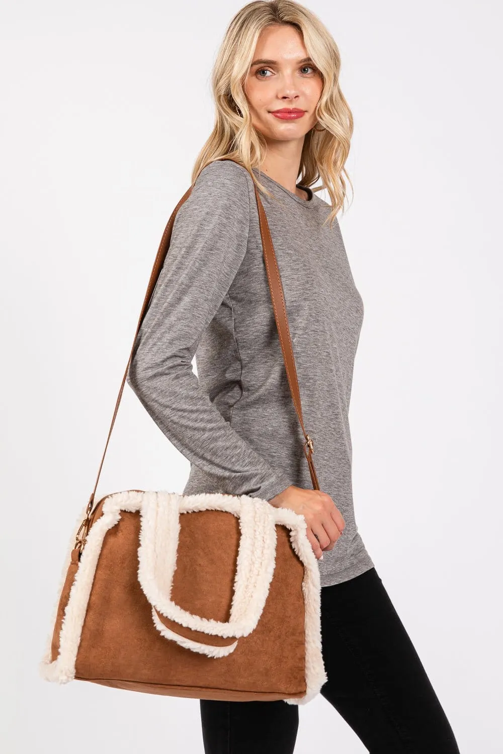 MB0260 Fleece Trimmed Tote/Crossbody Bag Offers secure storage without sacrificing style