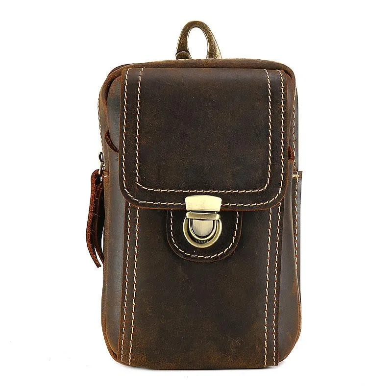 Portable Gear Cool Brown Leather Mens Belt Case Belt Pouch Mini Waist Pouch Belt Bags For Men