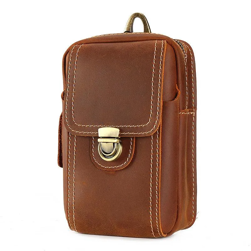Luxury Perfection Cool Brown Leather Mens Belt Case Belt Pouch Mini Waist Pouch Belt Bags For Men