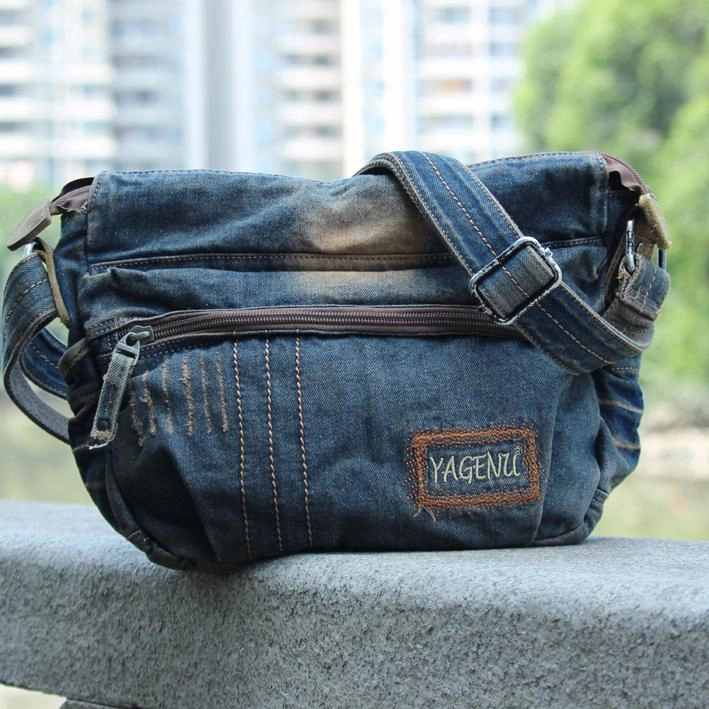 Blue Denim Mens Casual Messenger Bag Jean Side Bag Postman Bags Courier Bag For Men Functional Design