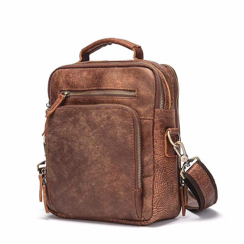Brown Cool Leather Small Vertical Side Bag Briefcase Messenger Bag Brown Handbag Shoulder Bag For Men Compact Durability