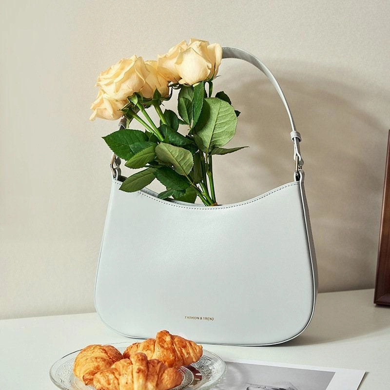 Compact Size Glamorous touch Cowhide Leather Baguette Bag in Black, Minimalist Leather Handbag, Women's Shoulder Bag, Leather Purse, Party Bag, Women Designer Bag, Gift