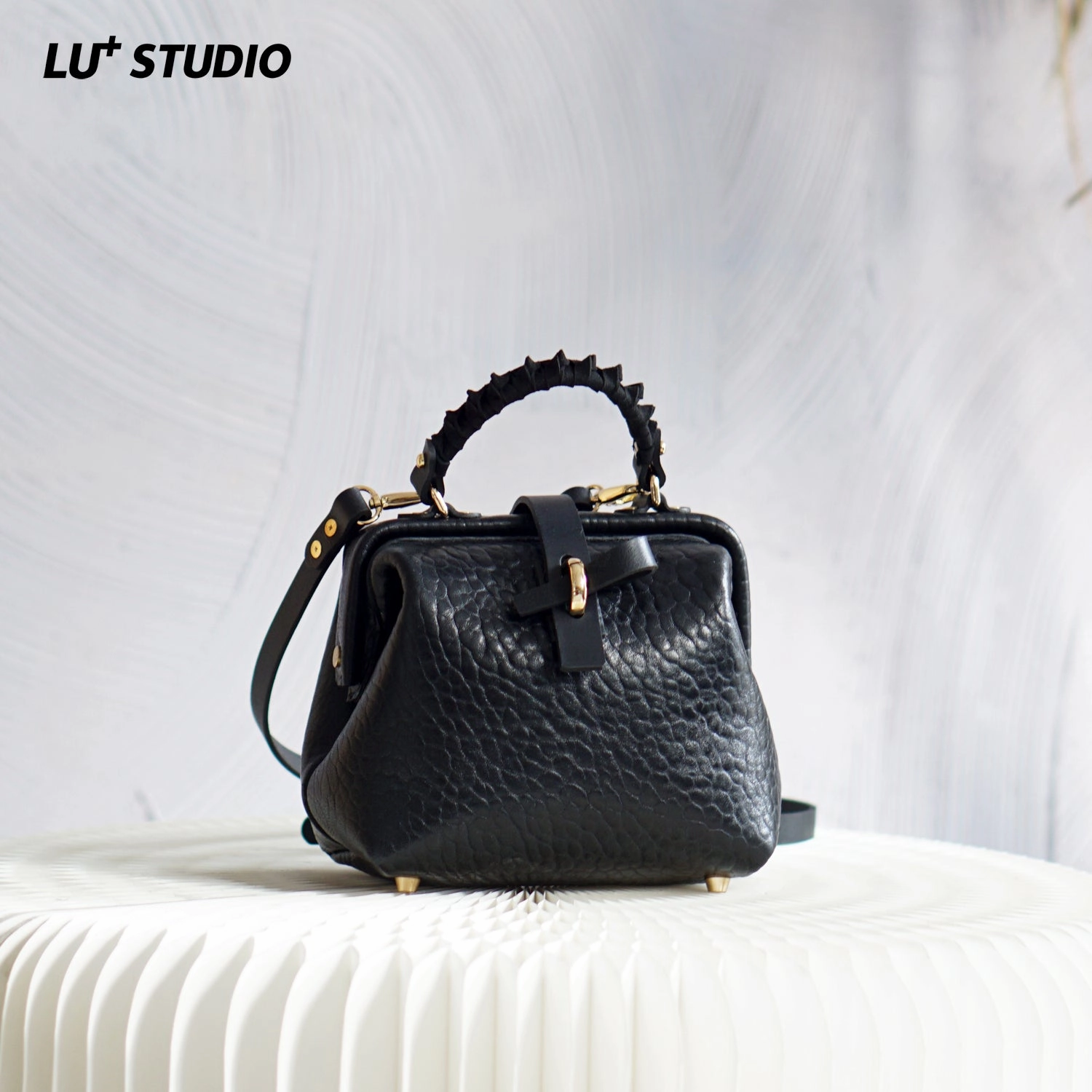 Handmade Womens Small Black Leather Doctor Handbag Side Purse Doctor Purse for Women Fashion Element Business Travel