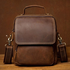 Dark Brown Leather 10 inches Vertical Messenger Bag Cool Side Bag Courier Bag Postman Bag for Men Compact Companion