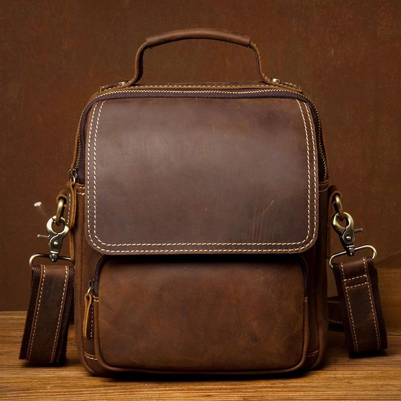 Dark Brown Leather 10 inches Vertical Messenger Bag Cool Side Bag Courier Bag Postman Bag for Men Compact Companion