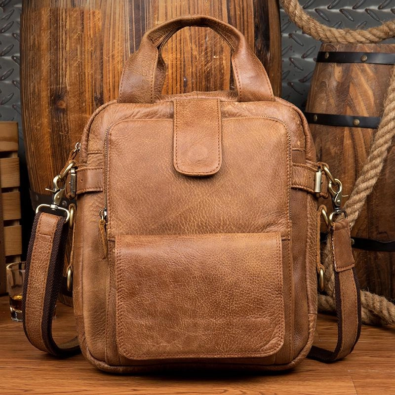 Comfort handle Functional Reliability Cool Brown Leather 12 inches Vertical Courier Bags Messenger Bags Camel Postman Bags for Men