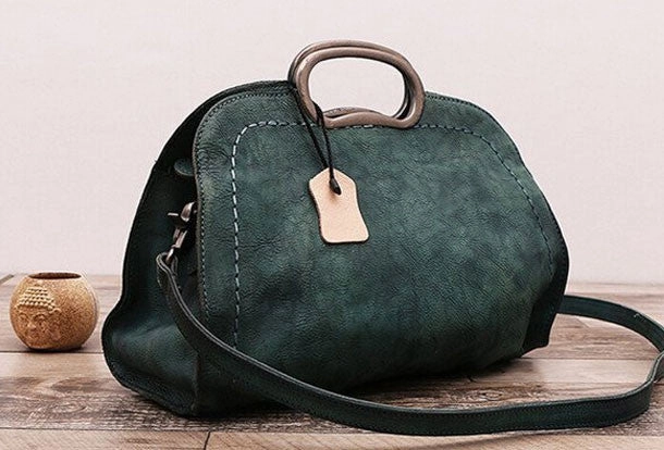 Handmade Vintage Leather Women Handbag Shoulder Bag Purse for Women Functional Geometry