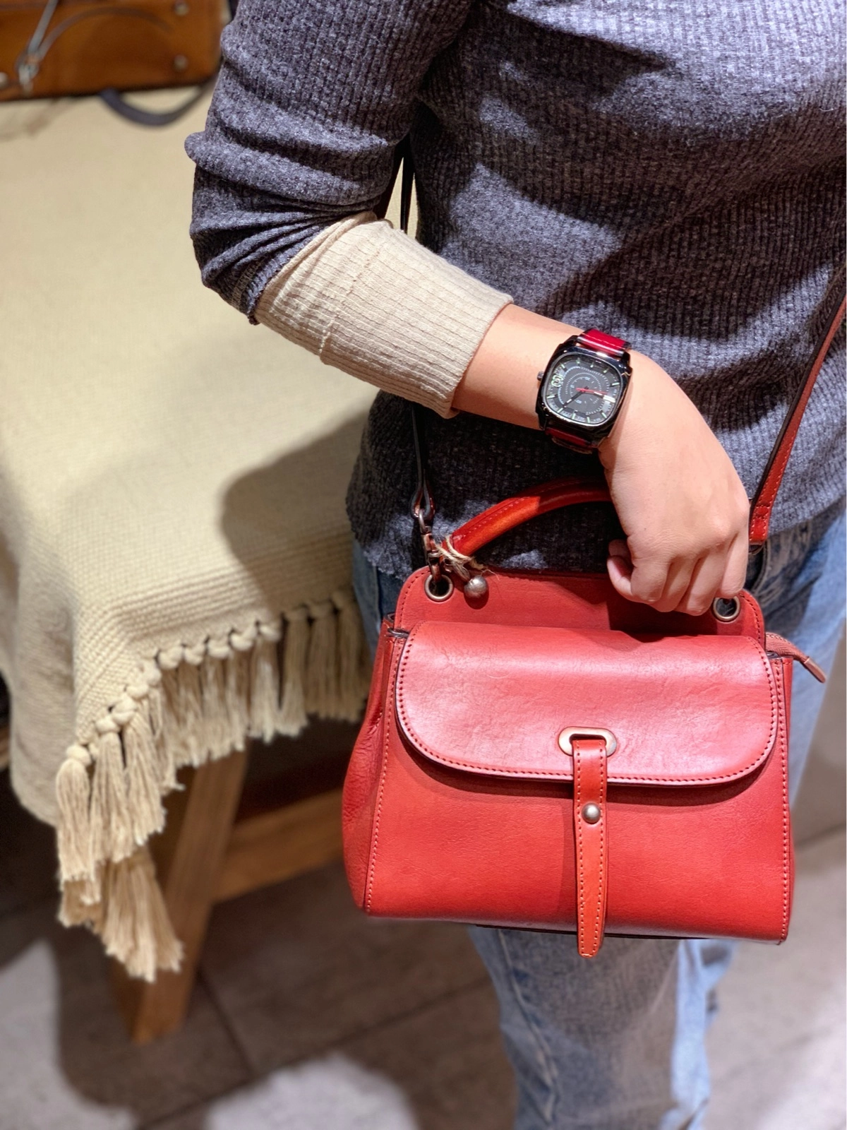 Structured business bag Refined Look Vintage Red Ladies Leather Square Satchel Handbag Purse Brown SHoulder Bag Side Bag for WOmen
